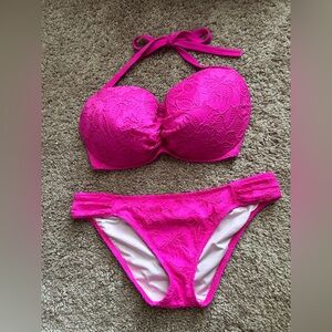 Victoria’s Secret Electric Pink Lace Bikini Swimsuit 34DDD Large Bottoms